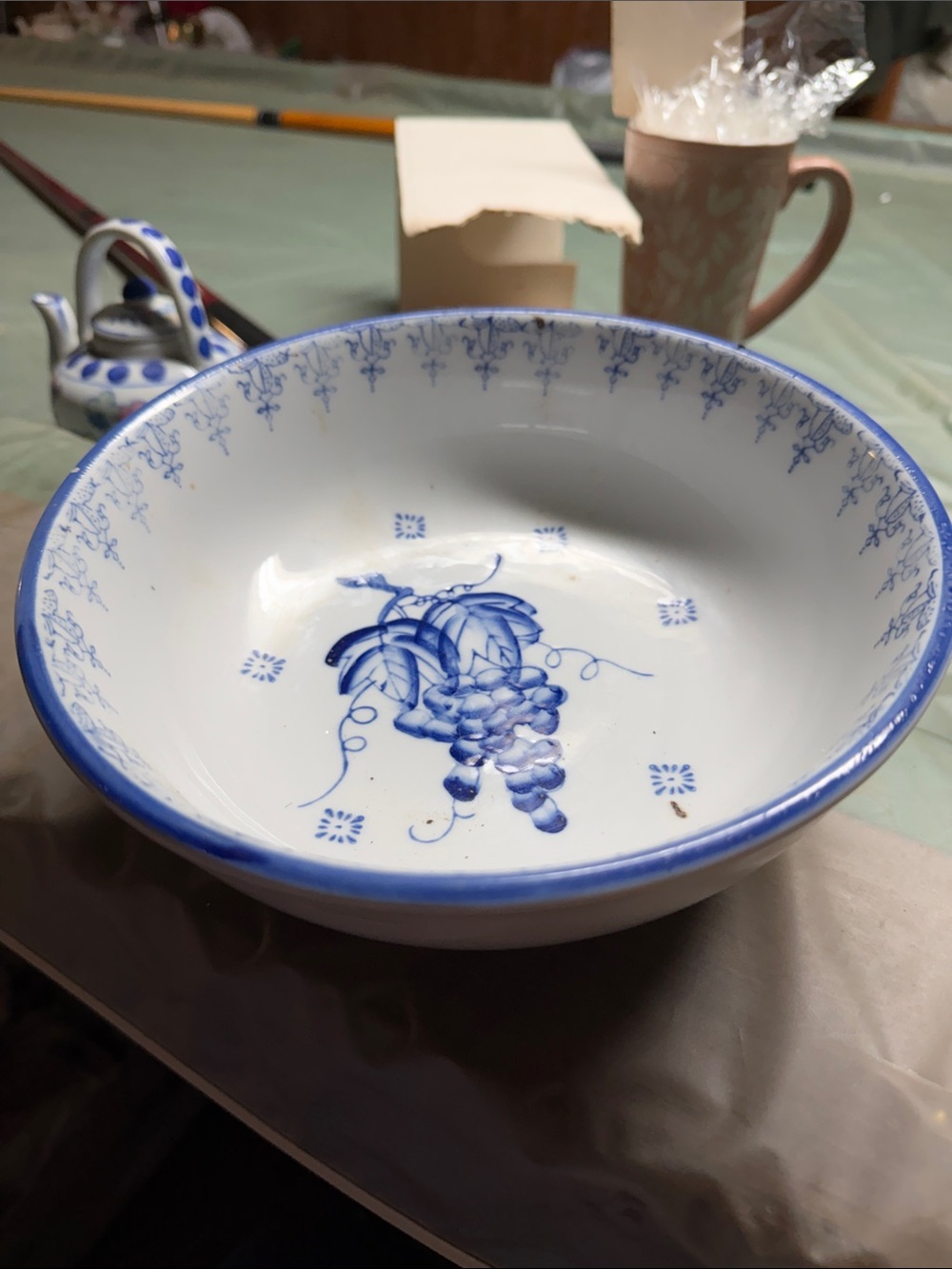Vintage Blue Grape Motif Ceramic Serving Bowl - White and Blue